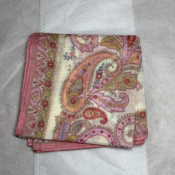 Yves Saint Laurent Pink and Cream Paisley Handkerchief Scarf 18x18in - Picture 8 of 9